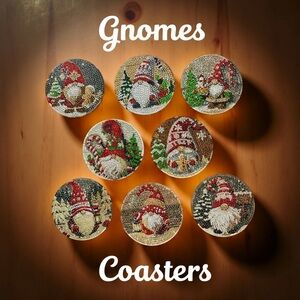 Hand Crafted Diamond Art Gnome Eight Piece Coaster Set